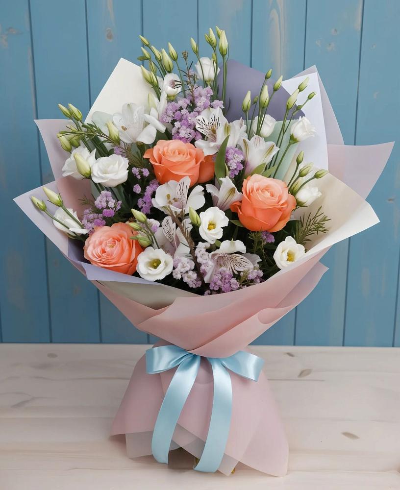 Букет цветов из: Лизиантусы, Розы, Альстромерии и Гипсофила в Чулыме