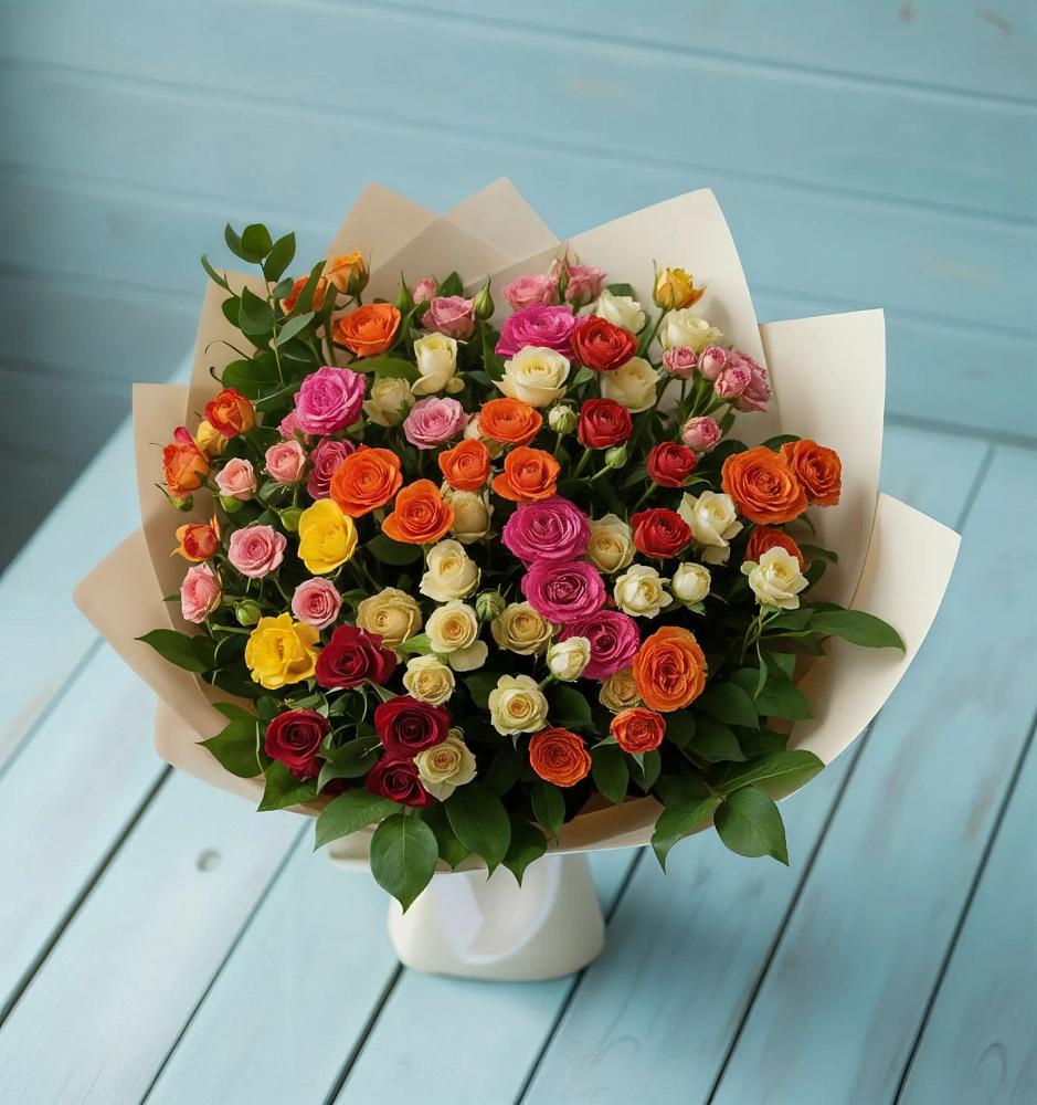 Букет Микс из разноцветных кустовых роз в Чулыме